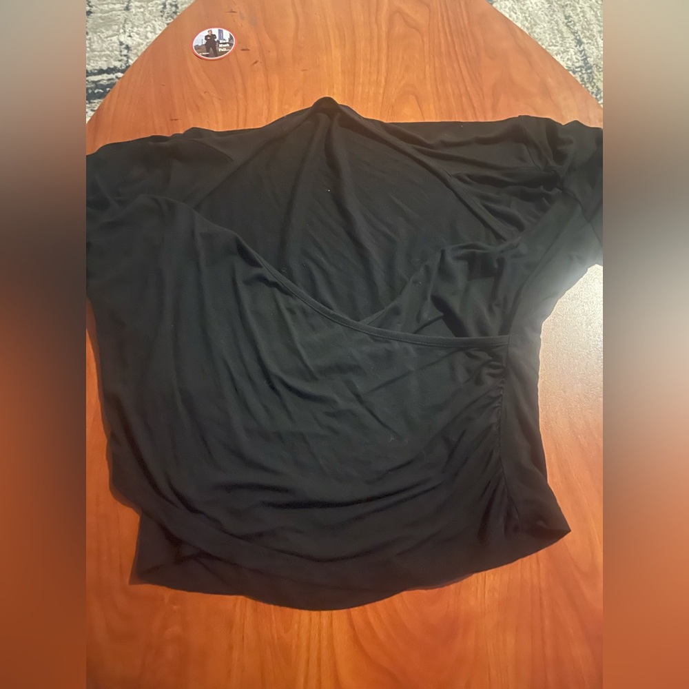 Women's Black V-Neck Draped Short Sleeve Top